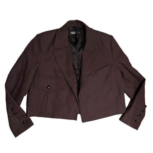 Zara Houndstooth Cropped Blazer L Brown Check Tailored Jacket Business - Picture 3 of 13